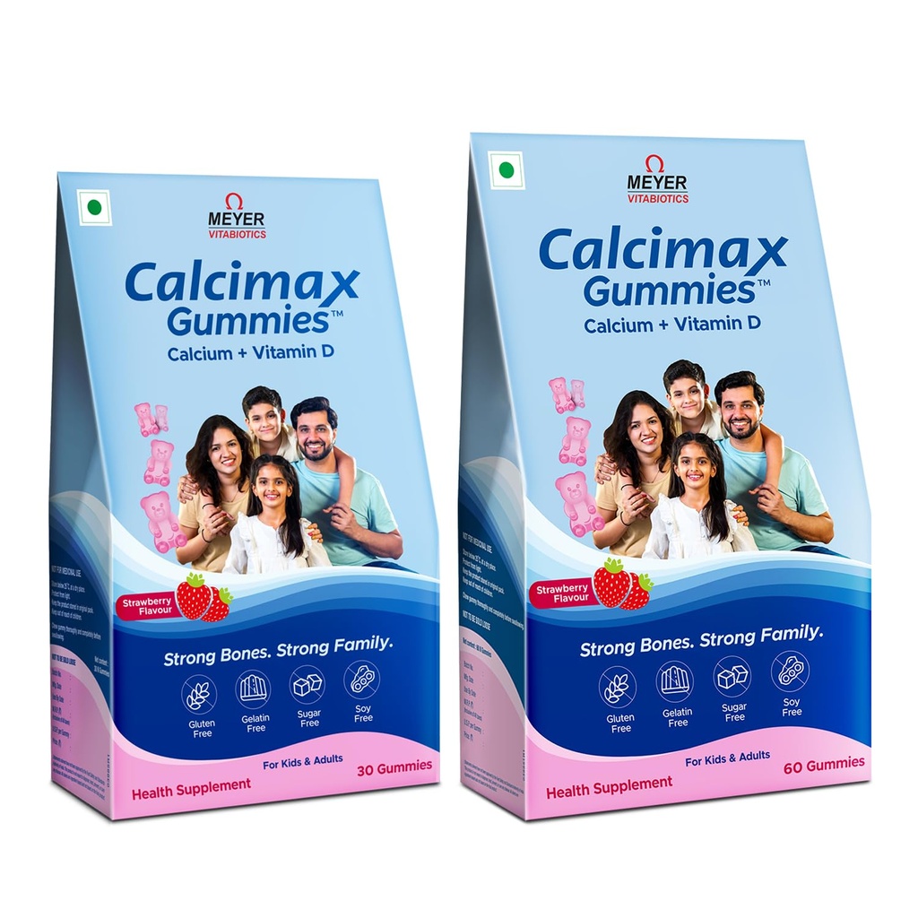 Calcium Gummies with Vitamin D for Kids & Adults | Kids: 125mg Calcium + 200 IU Vitamin D | Adults: 250mg Calcium + 400 IU Vitamin D | Sugar Free, Gelatin Free | Strawberry Flavour | Bone Health Supplement | 90 Gummies