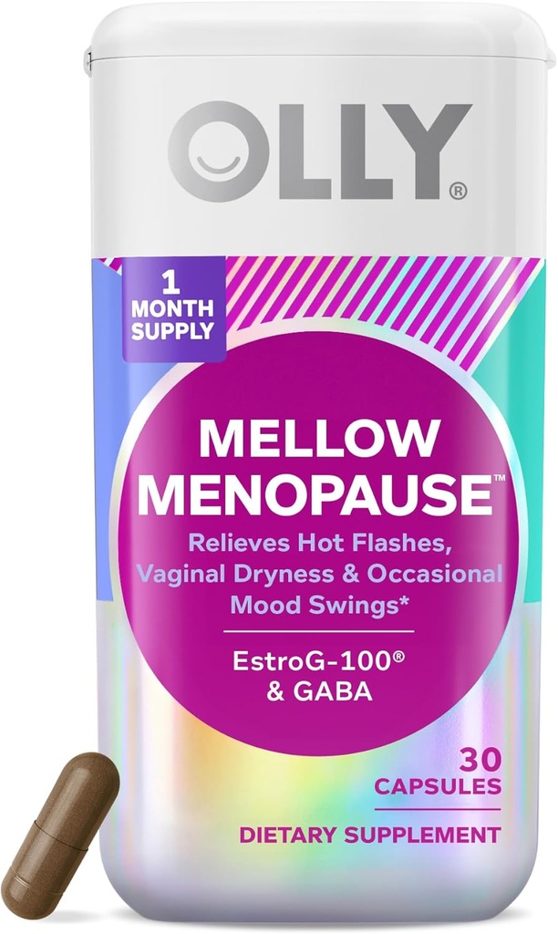 Olly Mellow Menopause lisäravinteet naisille, tukee kuumia välähdyksiä, emättimen kuivuus ja satunnainen mieliala Swings, * Estro- G100®, GABA, vegaaniset kapselit, 1 kuukausi tarjonta - 30