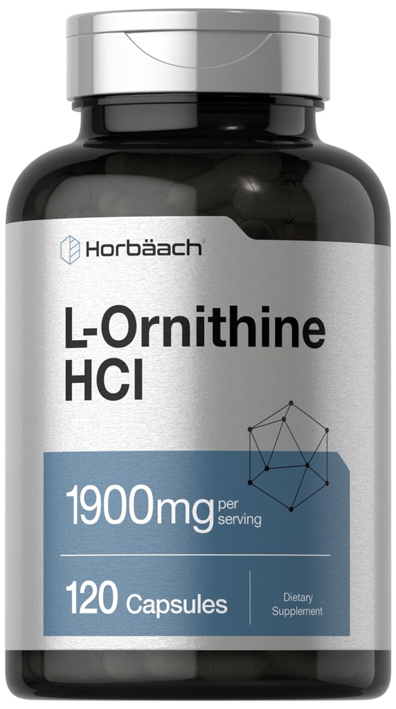 Horbäach L Ornithine HCl | 1900mg | 120 Capsules | Supplement for Men and Women | Non-GMO & Gluten Free