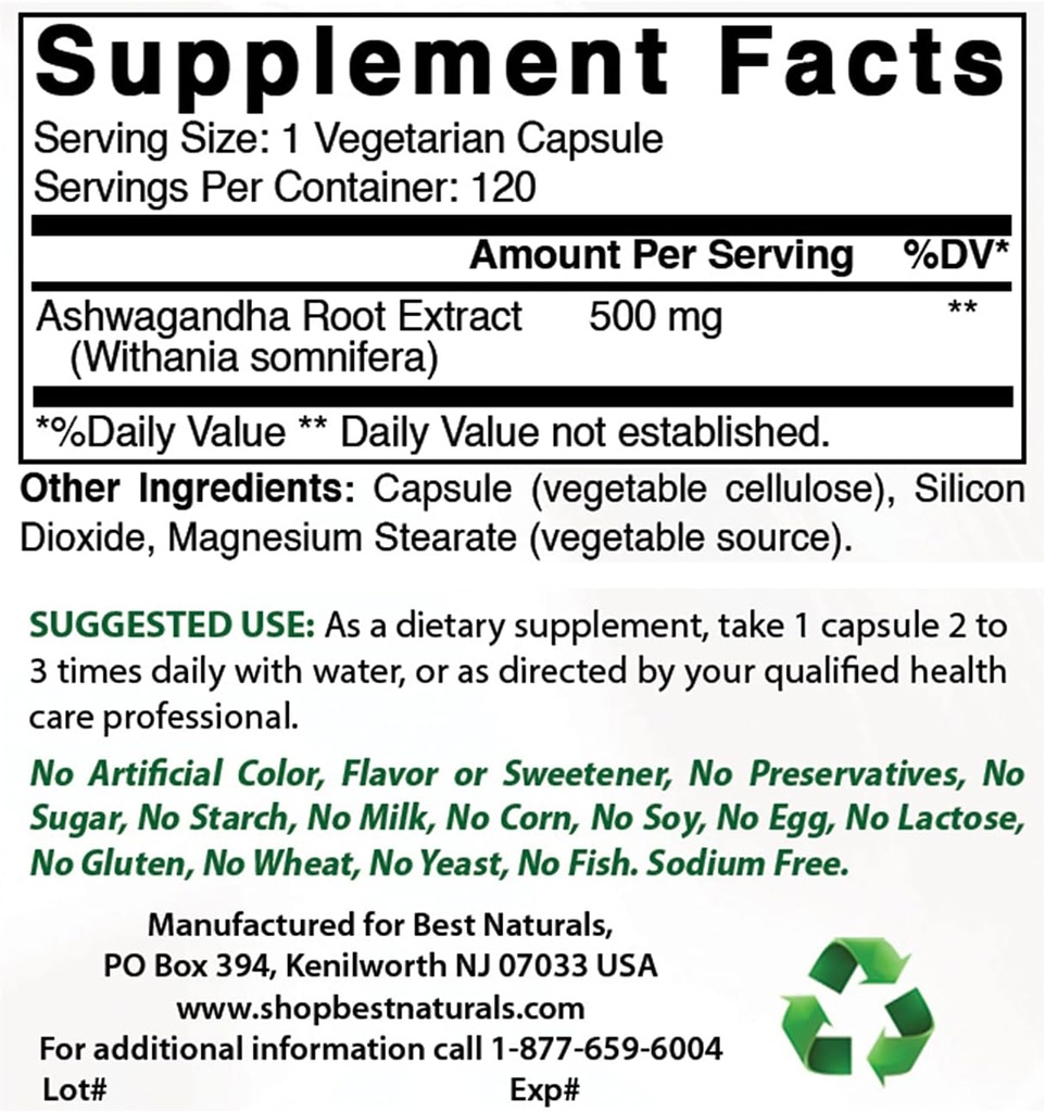 Best Naturals Ashwagandha Extract 500 Mg & Zinc Gluconate 50mg
