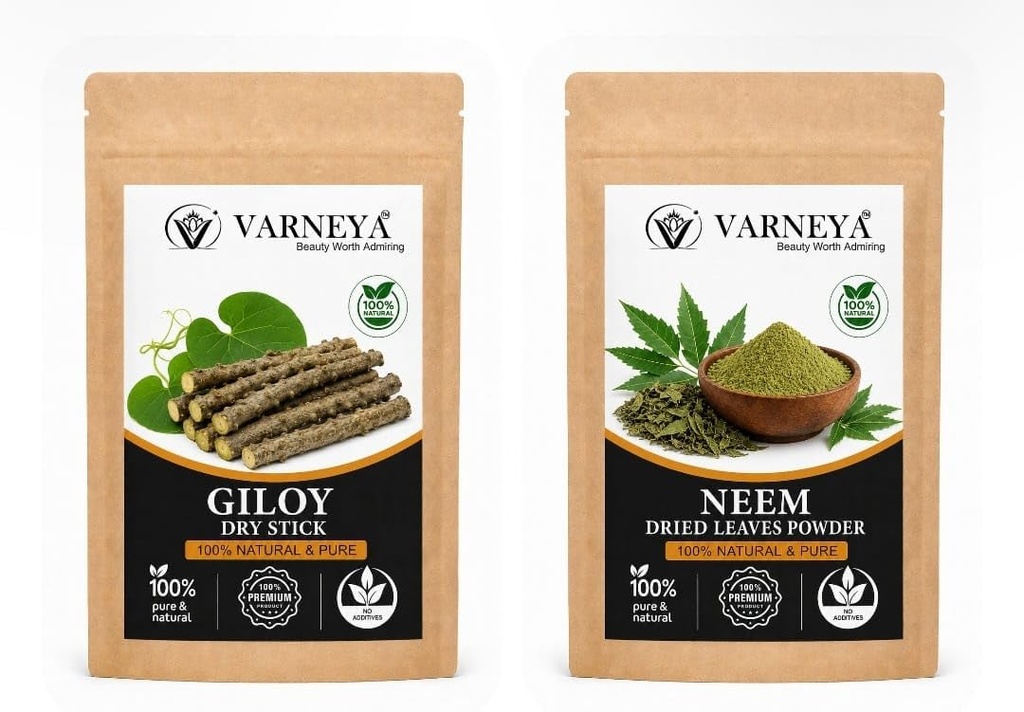 Giloy Neem Combo Pack of Organic Giloy Stem (Guduchi) & Dried Neem Leaves | Ayurvedic Ingredients for Kadha, Herbal Tea & Drink Preparation | Raw Natural Herbs | No Preservatives