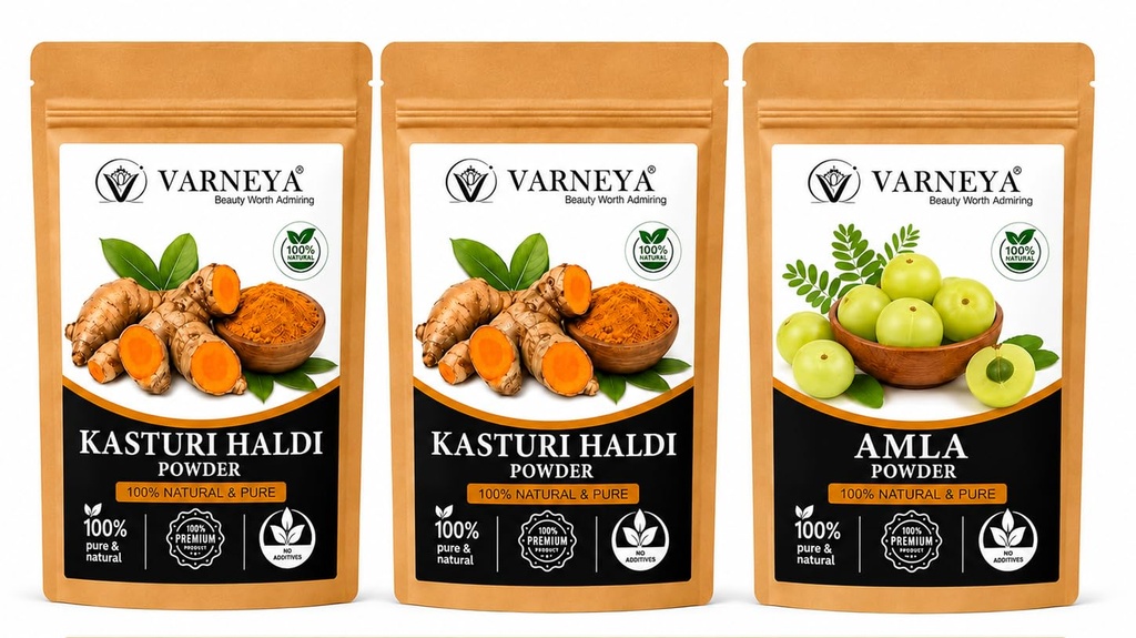 Naturals Organic Kasturi Haldi (Wild Turmeric) Powder 100g + Amla Powder 100g Combo | 100% Pure Natural Ayurvedic Herbal Powders | Chemical-Free | For Face Pack, Hair Care & Skin Care | No Preservatives (Pack OF 3)