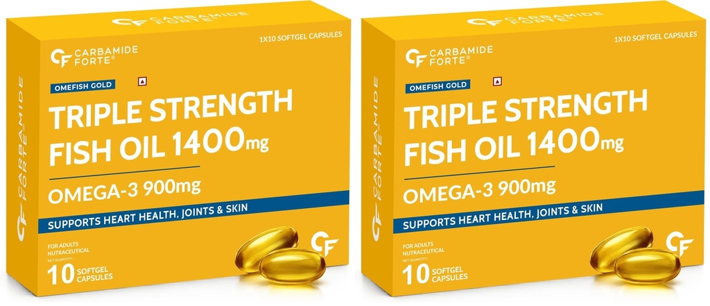 Carbamide Forte Triple Strength Omega 3 Fish Oil Capsules Softgel 1400mg | Fish Oil Omega 3 Supplement 900mg For Men & Women | Omega3 Supplement for Heart, Joints, Bones & Skin | 10 Softgel Capsules