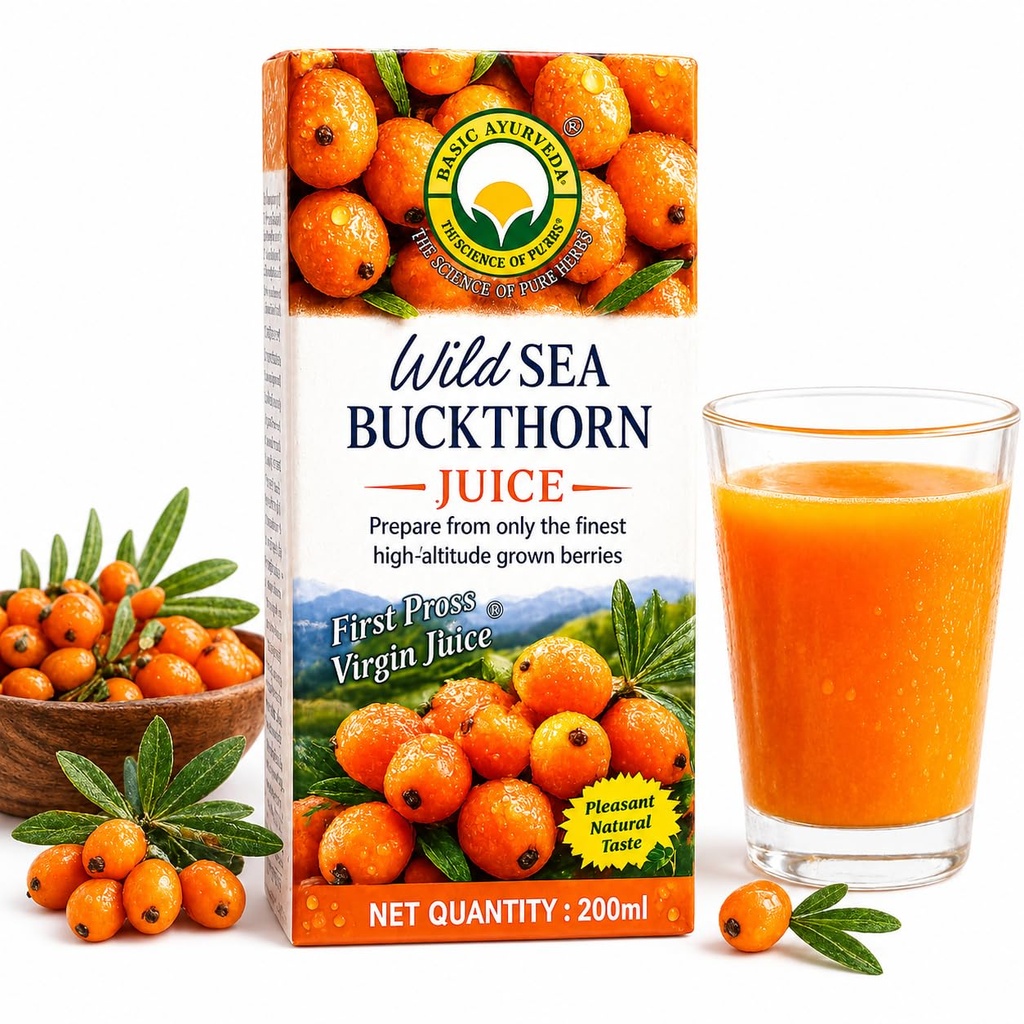 Basic Ayurveda Wild Sea Buckthorn Juice 200 ml | Herbal Berry Juice for Men & Women | Natural Vitamin C, Vitamin E, Omega 3 6 7 9 & Antioxidants | Supports Immunity, Skin Health & Daily Wellness