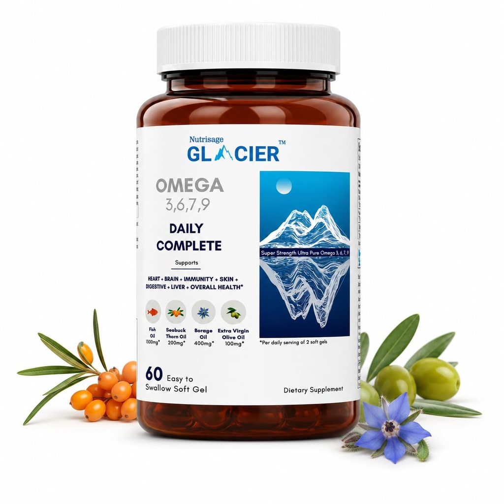 Glacier Daily Complete Omega 3,6,7,9-2020 mg Fish Oil, Seabuckthorn, Borage & Olive Oil & Vitamin D - Full Spectrum of Omega for Complete Health - 60 Enteric Coated Soft Gels - Pack of 1