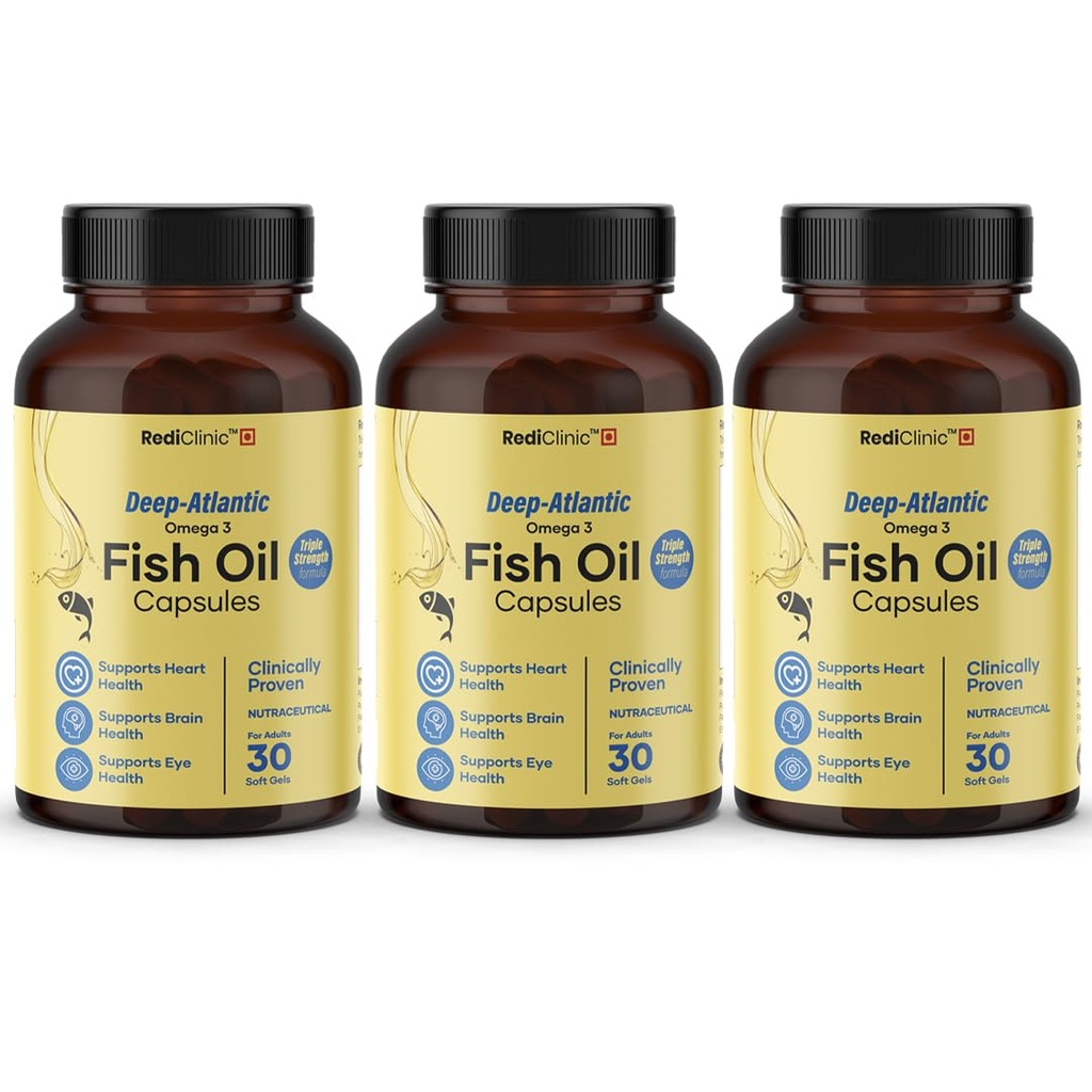 Triple Strength Omega 3 Fish Oil Capsules 2500mg | EPA - 900mg, DHA - 600mg, Vitamin E and Vitamin D3 | Supports Heart, Brain, Joints & Eye Health | No Fishy Burps, Lemon Flavour - 30 Softgels | Pack of 3