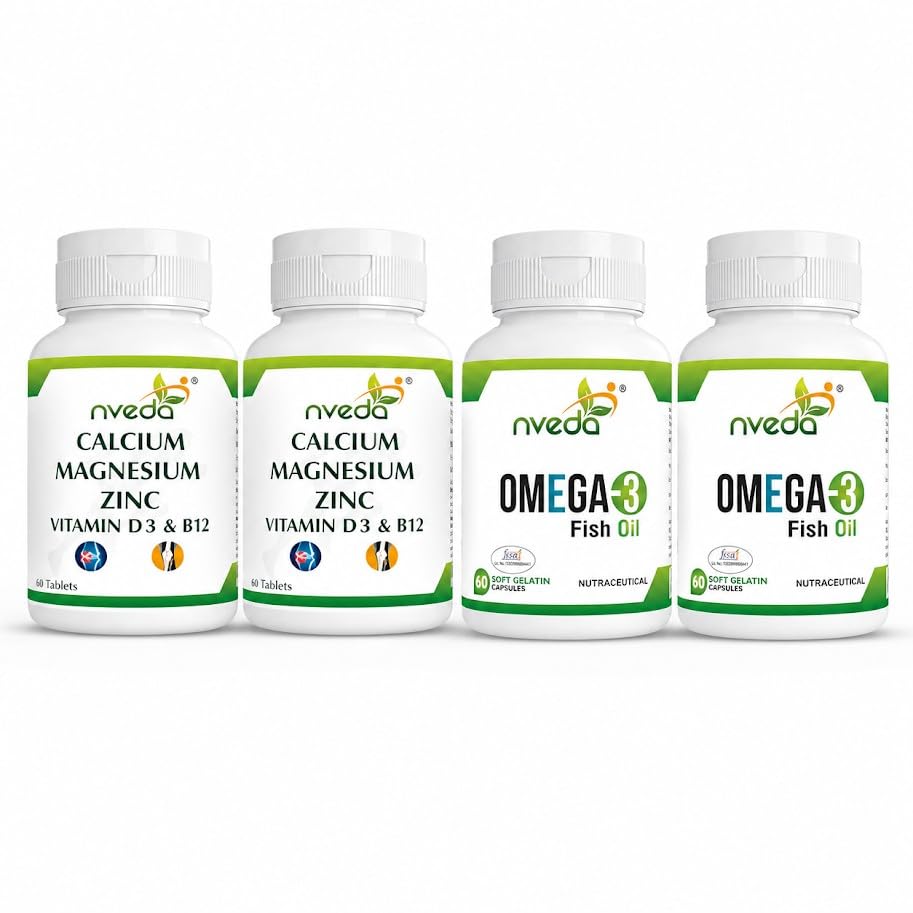 Nveda Omega 3 Fish Oil + Calcium Magnesium Zinc with Vitamin D3 & B12 Combo Pack | 2 x 60 Softgels + 2 x 60 Tablets | Heart, Bone, Joint & Muscle Support | Pack of 4