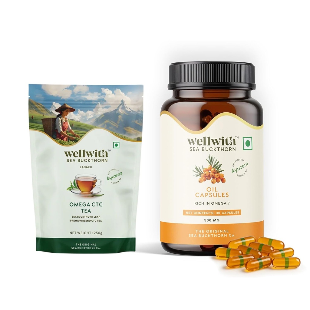 Wellwith Sea Buckthorn Oil Capsules and Omega CTC Tea Combo | Omega 3 6 7 9 Rich Herbal Supplement | Sea buckthorn capsules Boosts Immunity, Skin Glow & Heart Health | Natural Antioxidant & Wellness Combo for Men & Women