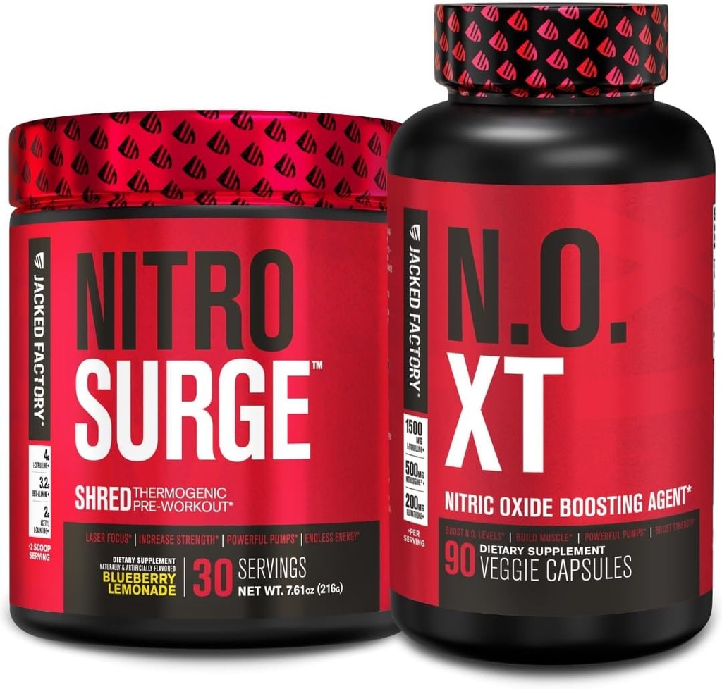 Jacked Factory Nitrosurge Shred Thermogenic PreWorkout in Blueberry Lemonade & N.O. XT Nitric Oxid Booster für Männer & Frauen