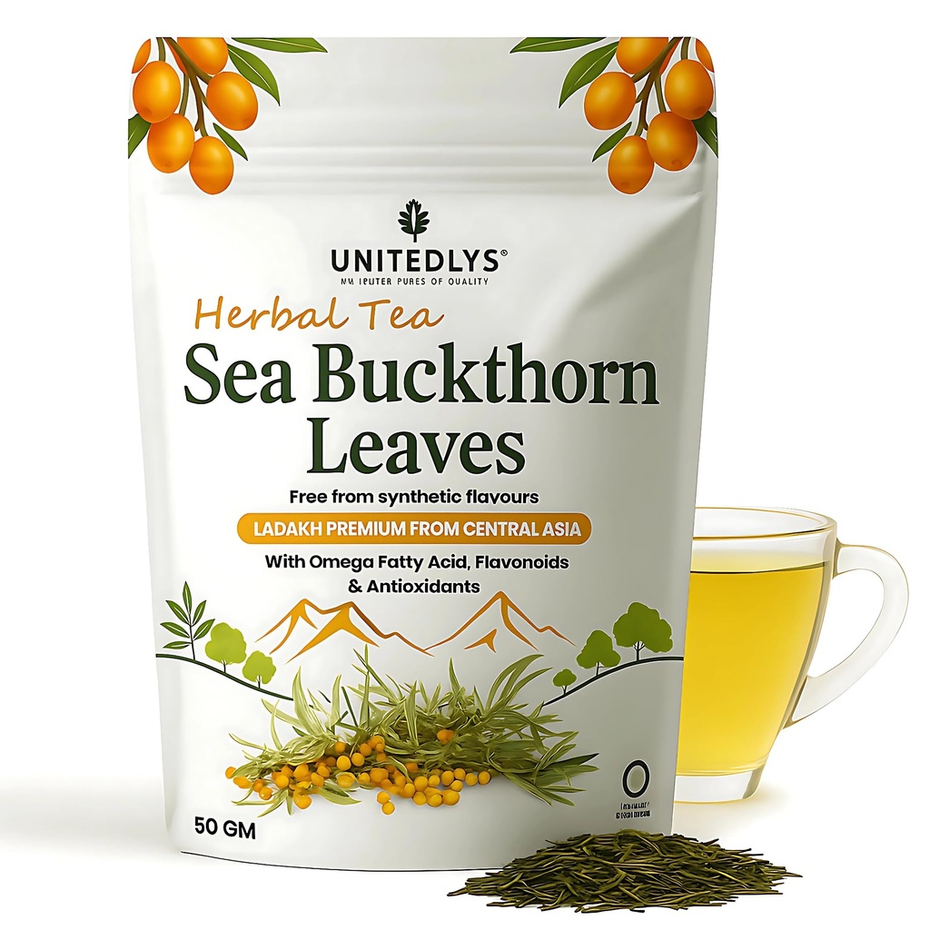 Unitedlys Himalayan Sea Buckthorn Leaves 50g | Supports Skin & Immunity | Caffeine-Free, Sun-Dried Sea buckthorn for Wellness & Healthy Lifestyle