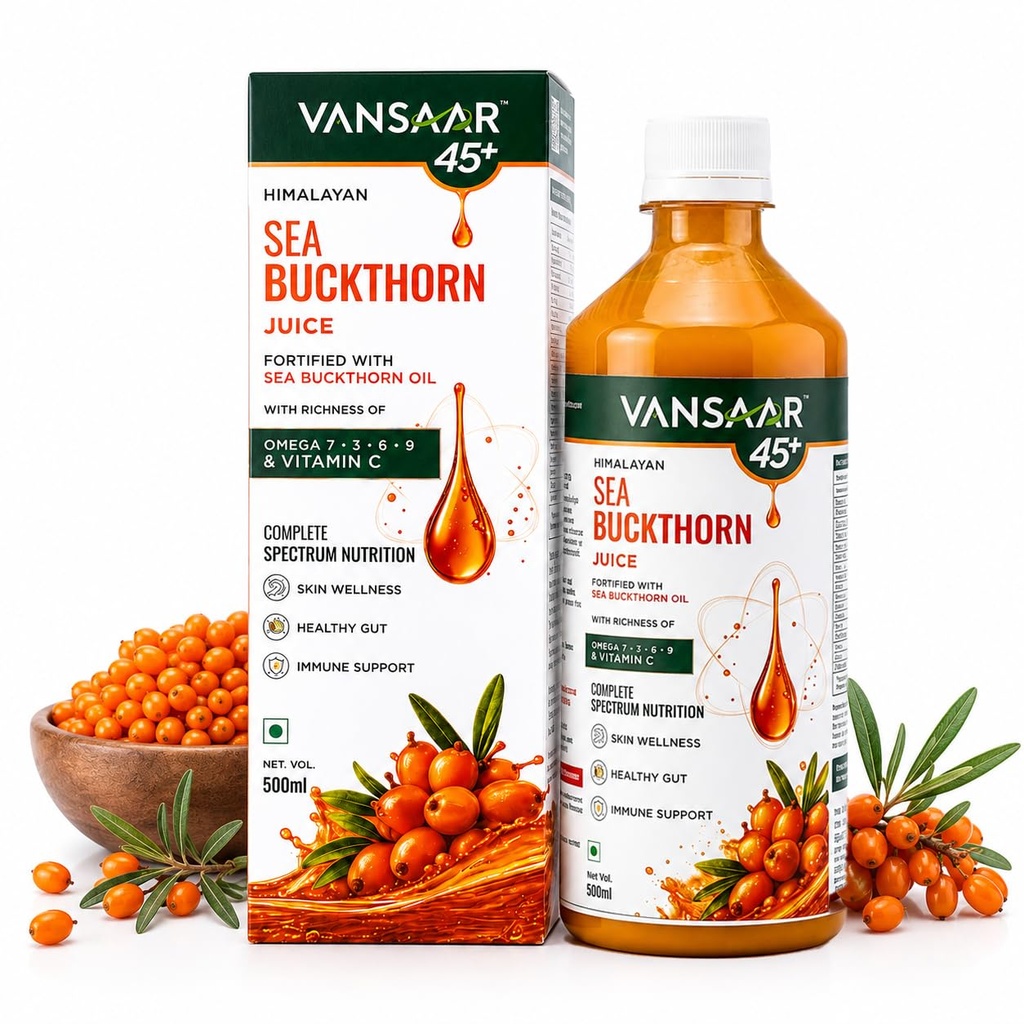 Vansaar 45+ Himalayan Sea Buckthorn Juice 500ml | Made with 99.9% Sea Buckthorn Berry Pulp | Fortified with Sea Buckthorn Oil | | Skin, Immunity & Gut Health | Complete Omega 3-6-7-9 + Vitamin C| No Added Sugar| Dual Fraction Technology