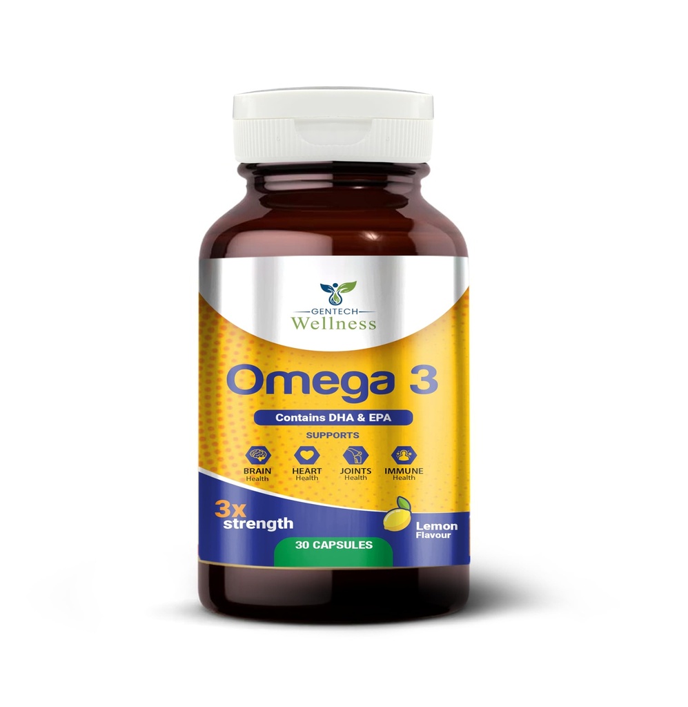 Gentech Wellness Omega 3 Fish Oil 1250mg Softgel Capsules with EPA & DHA – Triple Strength Omega 3 Supplement for Heart Health, Brain Function, Joint Support, Cholesterol & Skin Care – 30 Softgels.