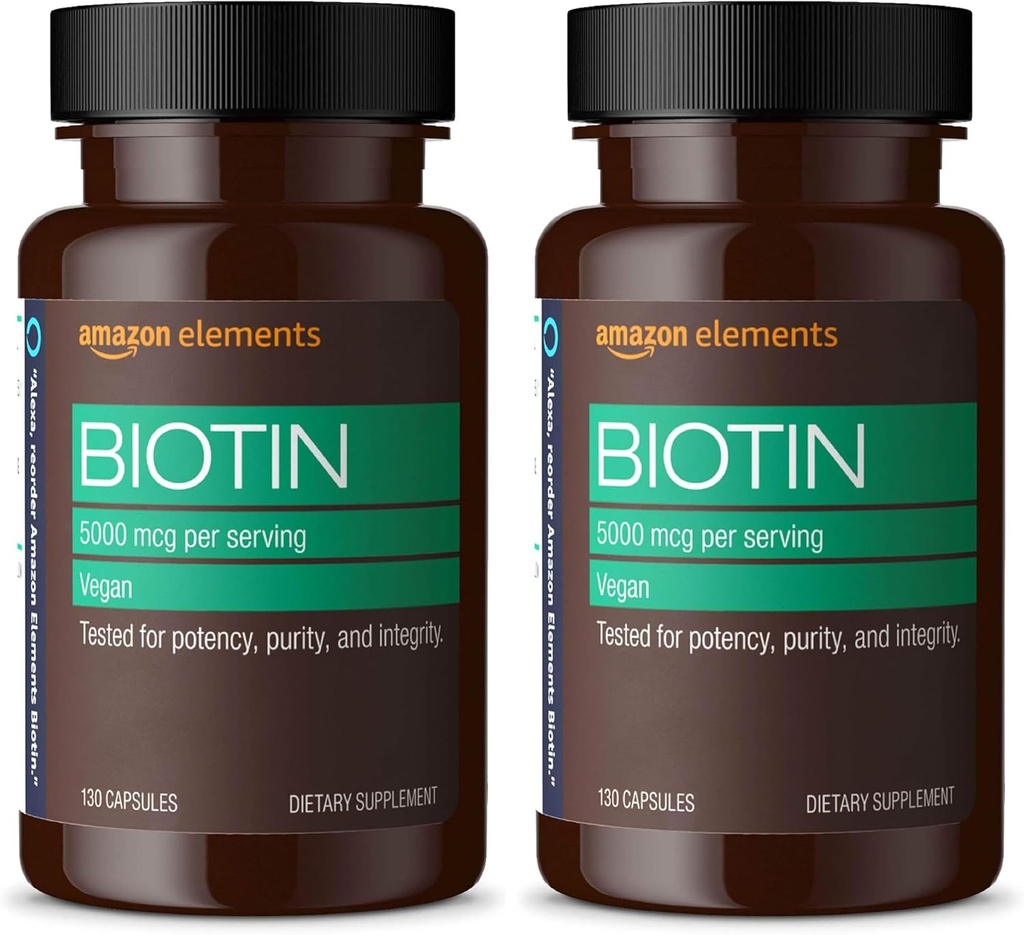 Elementit Vegan Biotin 5000 mikrog - hiukset, iho, kynnet, 130 kapselia (4 kuukauden toimitus) (Pakkaus toukokuussa Vary) (Pakkaus 2)