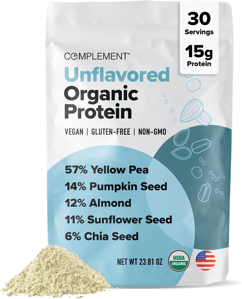 Komplement Organic Unflavored Vegan Protein Powder (30 Servere) Lav Carb, Lav kalorie, Sukker fri, Soja fri, Non- GMO, Gluten fri, Non Dairy Yellow Pea, Pumpkin Seed- 15g Plant baseret Protein Powder
