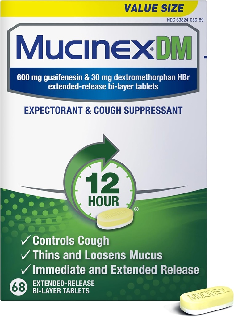 Mucinex 12Hr 成人胸腔摄入和咳嗽药物、超量 Mucus Relief的冷和咳嗽药物、600 mg Guaifenesin 和 30 mg Dexteromephan HBr, 68 双层药片