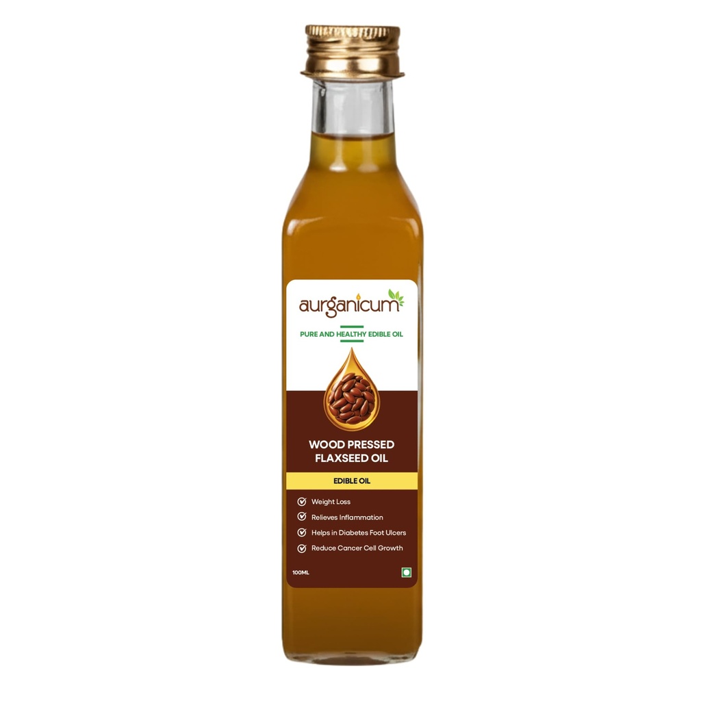 Aurganicum Wood Pressed Flaxseed Oil – 100% Pure & Natural | Cold-Pressed & Unrefined | Rich in Omega 3, 6 & 9 | Essential Oil for Hair care, Skin & Wellness | Ideal for Cooking Premium Glass Bottle (100 ml | Glass)