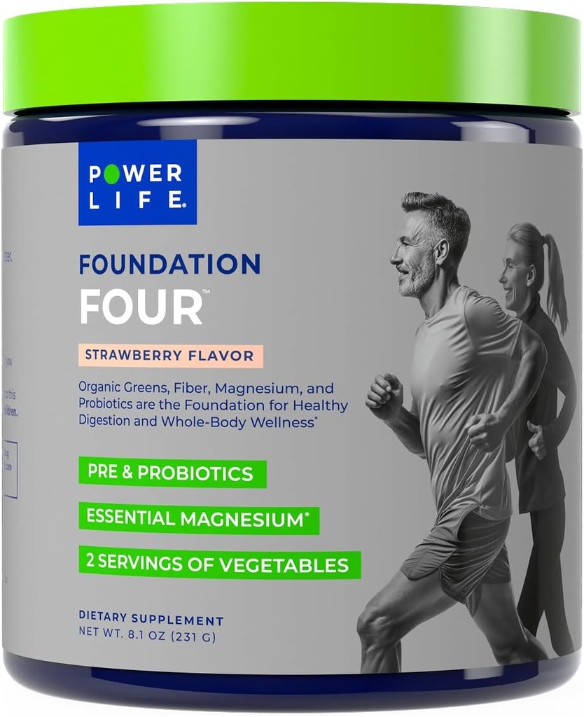 POWERLIFE Foundation Vier Grüne trinken mit Pre & Pro Biotics, Essential Magnesium, 2 Portionen Gemüse, Erdbeeren Flavor 30 Servierungen