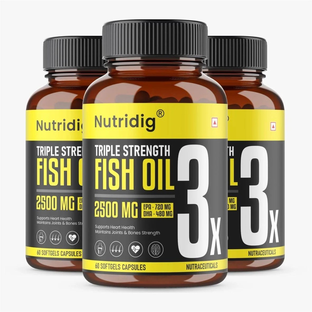 Triple Strength Omega-3 Fish Oil Softgels – 2500mg Serving - 720mg EPA & 480mg DHA | For Joint & Heart Health & Faster Muscle Recovery | No Fishy Burps | High Potency - 60 Softgels - Pack of 3