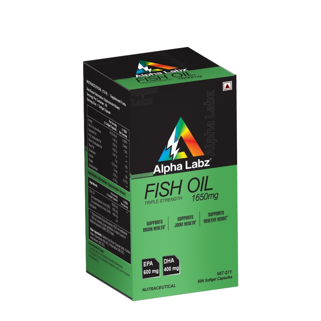 Fish Oil Triple Strength 1650mg, 600mg EPA + 400mg DHA, Omega 3 Fish Oil Softgel Capsules for Daily Nutrition, Brain, Heart & Joint Support, High Strength Omega-3 Supplement, 60 Softgel Capsules