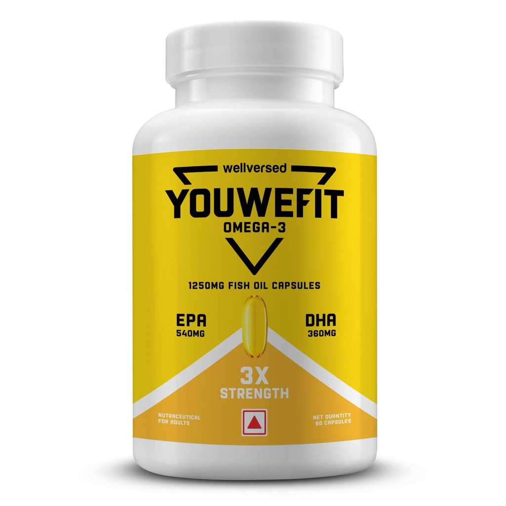 YouWeFit Triple Strength Omega 3 Fish Oil Capsules - 60 Soft Gels With 540mg EPA & 360mg DHA To Support Heart & Joint Health | Omega 3 Supplement 1250mg