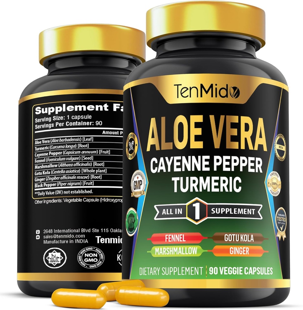 Aloe Vera Capsules Supplement - 8in1 Formel - Kombinieren Sie mit Turmeric, Cayenne Pepper, Marshmallow, Fennel, Gotu Kola, Ginger und Black Pepper - 90 Kapseln für 3 Monate Versorgung