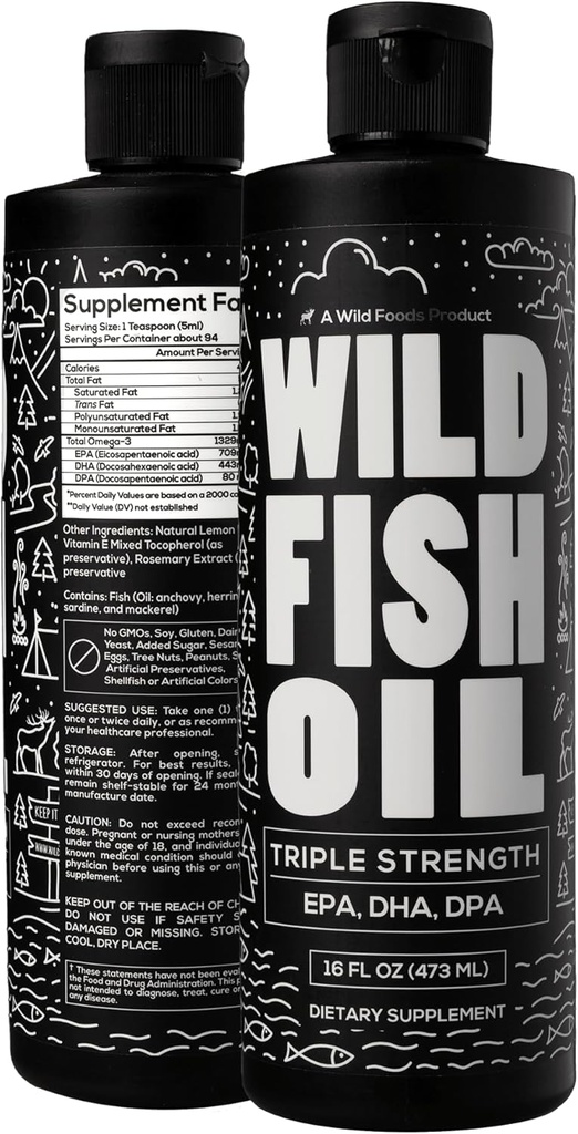Wild Foods Liquid Omega 3 Fish Oil Supplement, Lemon, 16 oz (2 pk) | Wild Caught, Burpless, Odorless, Non-GMO, Gluten gratis | DPA, DHA, EPA Triple Strength Omega-3 Nutrición para mulleres e homes