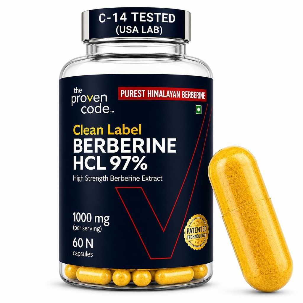 Clean Label Berberine HCl 97% | C-14 Tested Natural Origin | Studied Strength Berberine Supplements 1000mg - Support Blood Sugar, Lower Cholesterol, PCOS supplements - 60 Capsules