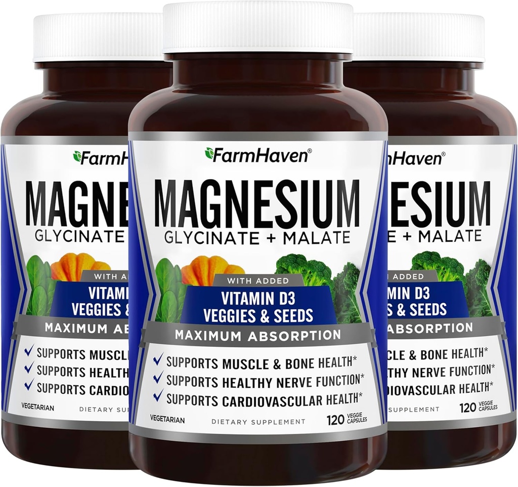 FarmHaven Magnesium Glycinate & Malate Complex w / Vitamin D3, 100% chelated för Max Absorption, Vegan - Benhälsa, Nerves, Muscles, 360 kapslar, 180 dagar