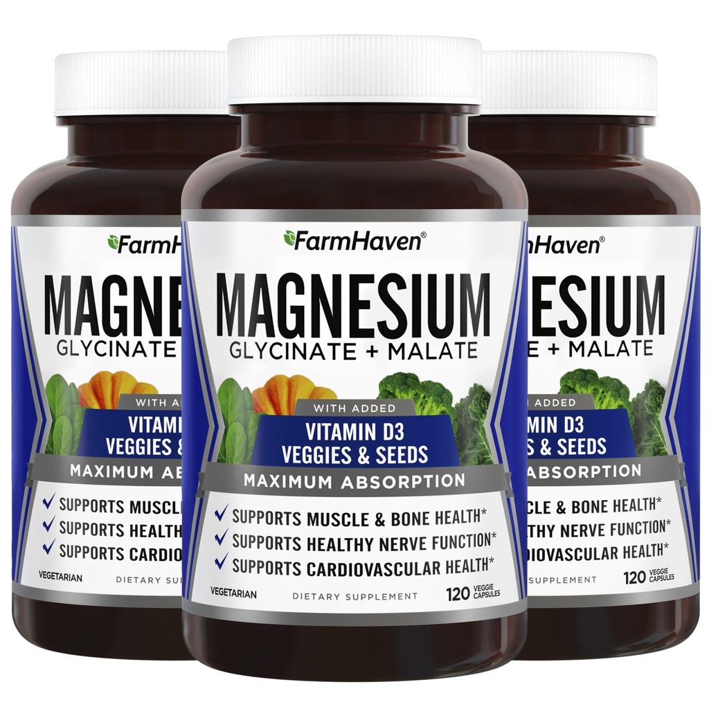 FarmHaven Magnesium Glycinate & Malate Complex w/Vitamin D3, 100% Chelated for Max Absorption, Vegan – Bone Health, Nerves, Muscles, 360 Capsules, 180 Days