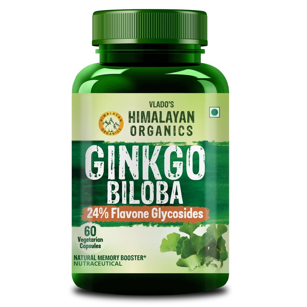 Vlado’s Himalayan Organics Ginkgo Biloba 500mg With Brahmi for Better Concentration, Memory & learning | Helps Anxiety & Stress | Healthy Blood Circulation - 60 Veg Capsules