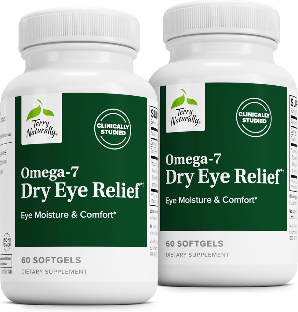 Terry Naturally Omega-7 Dry Eye Relief - Suplemento de saúde ocular con aceite de semente de Buckthorn - Suplemento dietético para a Axuda Dry Eye Relief - 60 Softgels, 2 Pack