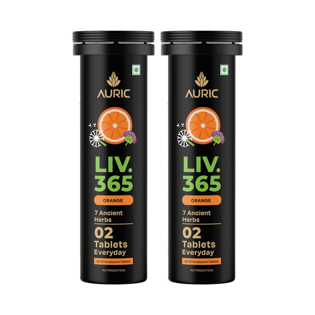 Auric Liv 365 Orange Effervescent Tablets | With Milk Thistle (Silymarin), Turmeric, Licorice, & Dandelion | Herbal Wellness Supplement | Plant-Based | 40 Tablets