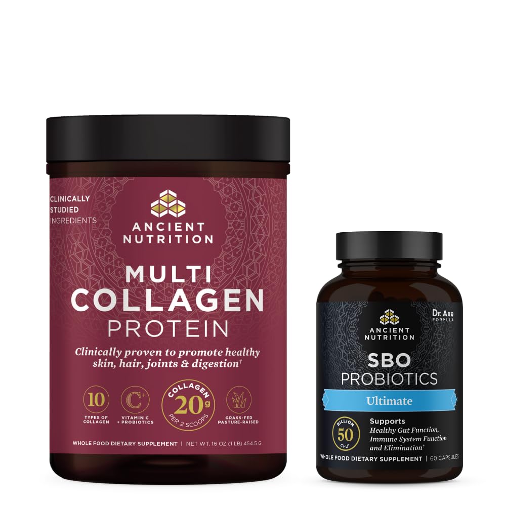 Ancient Nutrition SBO Ultimate Probiotics Capsules, 60 Count + Multi Collagen Protein Powder, Unflavored, 45 Servings