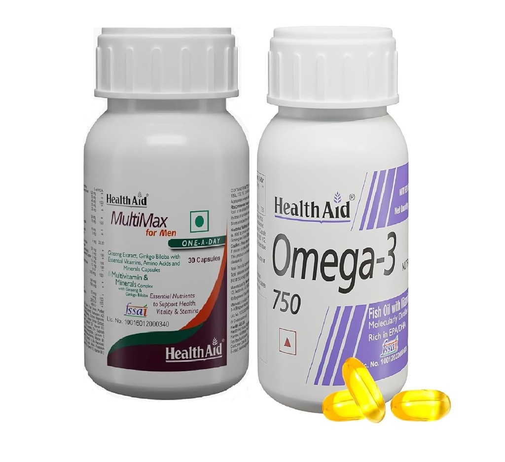 HealthAid Omega 3 (60 Capsules) & MultiMax Multivitamin for Men (30 Count) Combo Pack | Multivitamin for Men and Omega-3 Fish Oil with Vitamin E