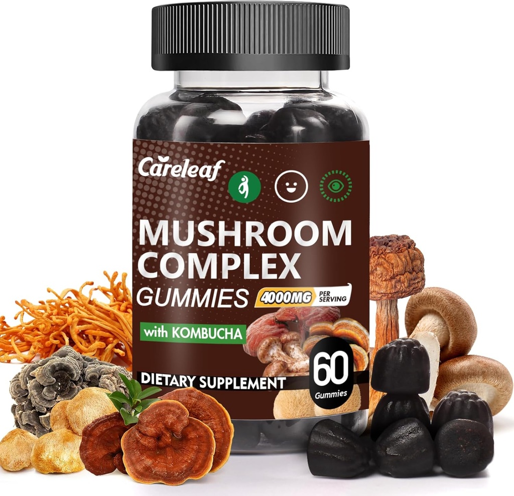 9 in 1 Mushroom Gummies con Lion's Mane for Focus Supplements and Energy Supplements to Support Immune System De-Stress Boost Mood & Energy 60 Count Kombucha Flavor