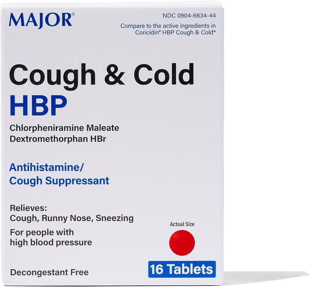 Major Cough and Cold HBP Tabletit - Antihistamiini ja Yskäsuppressantti ihmisille, joilla on korkea verenpaine - Dekstrometorfaani HBr, klorfeniramiini Maleaatti - 16 Count (1 pakkaus)