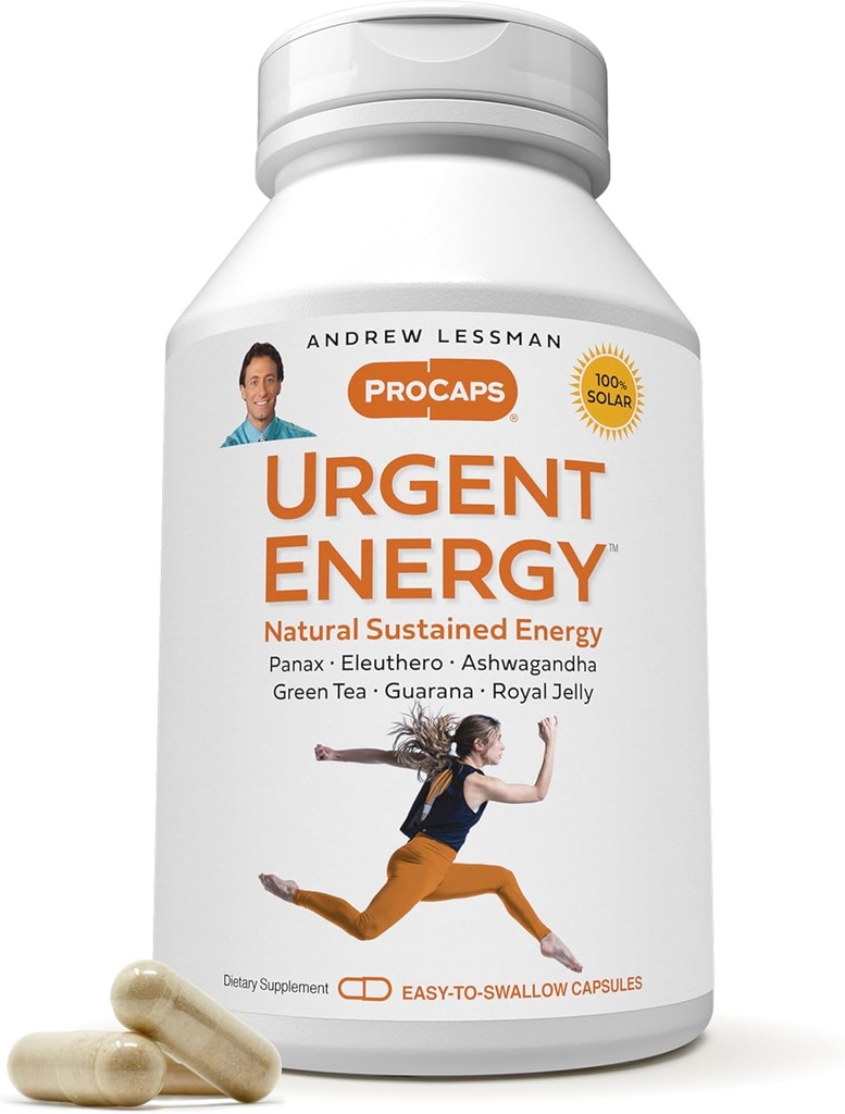ANDREW LESSMAN Urgent Energy 180 Cápsulas - Fornece um meio seguro, saudável de aumentar os níveis de energia e sentimentos de bem-estar, chá verde, guarana, Ginseng, geléia real, Ashwagandha, B-Complex
