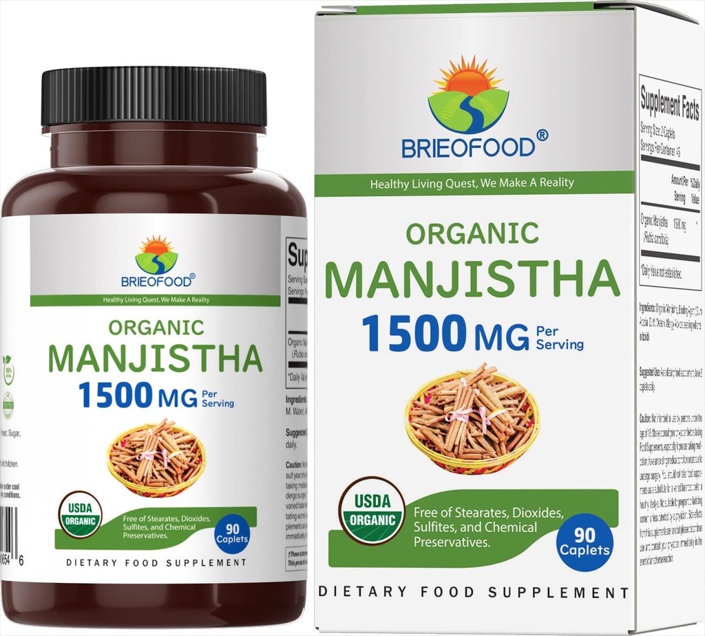 Brieofood Organic Manjistha 1500мг, 45 Сервінги, Вегетаріанська, Глютен Безкоштовна, 90 Вегетаріанські таблетки