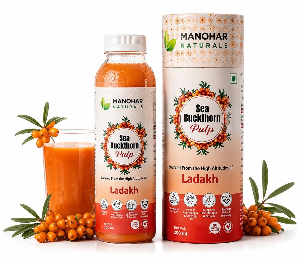 Manohar Naturals Sea Buckthorn Pulp 300ml | Premium Ladakh Sea Buckthorn Juice | Rich in Omega 3, 6, 7 & 9 | Natural Health Drink | Supports Skin, Hair & Daily Wellness | No Artificial Colours