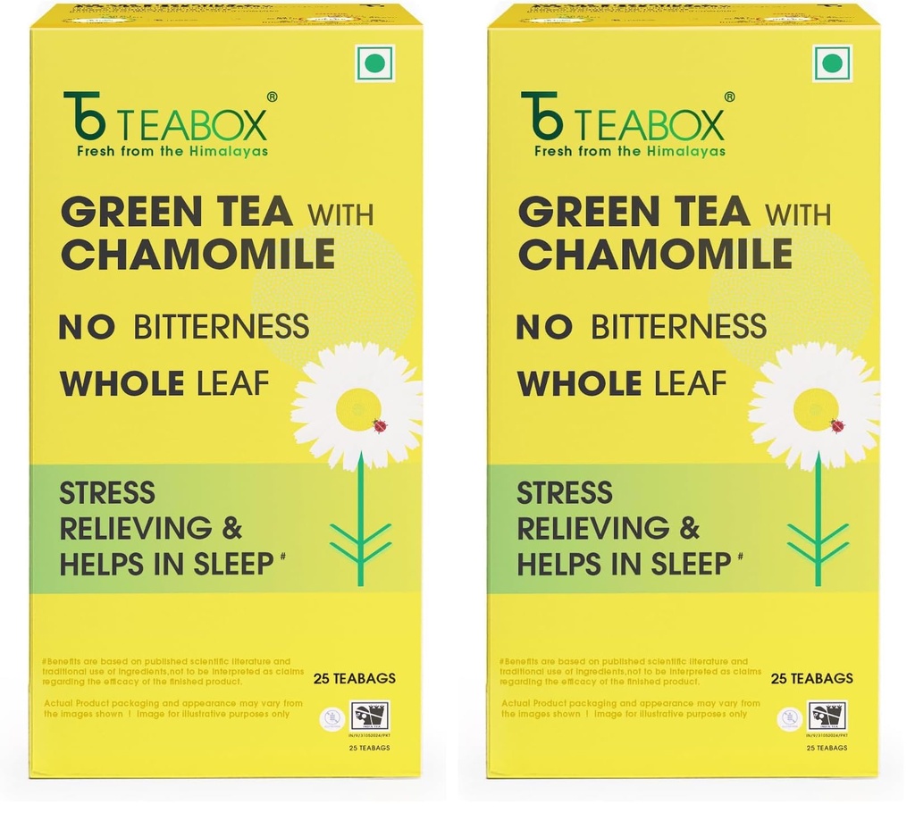 Teabox Chamomile Green Tea 25 Tea Bags | With Egyptian Chamomile Flowers & Whole Leaf Green Tea | Calming Blend for Relaxation & Sleep | Low Caffeine, Fresh & Aromatic (Pack of 2)