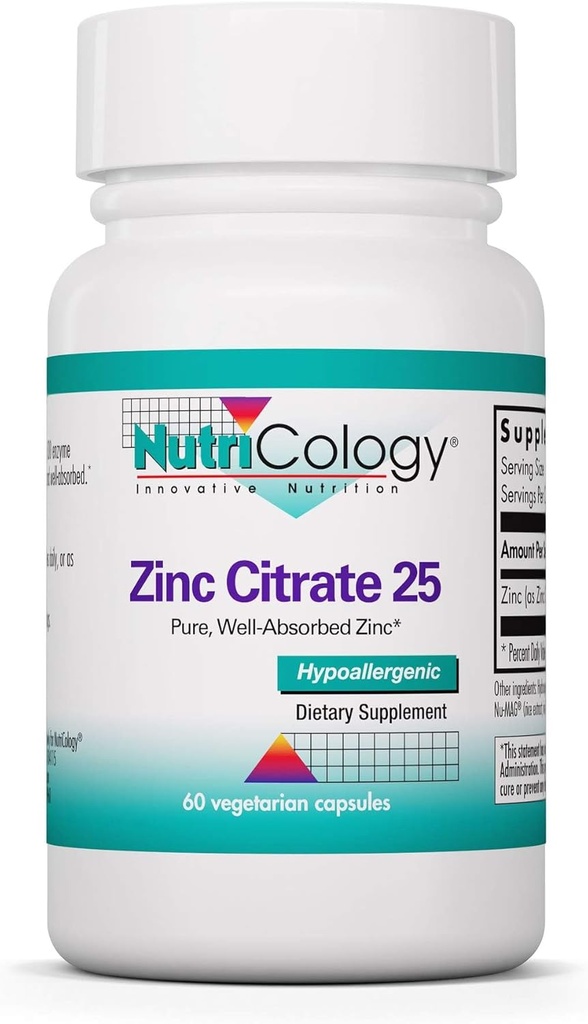 Nutricology Cynk Citrate Supplement - 25mg Cynk dla mężczyzn i kobiet, Wsparcie immunologiczne, Czysty, Well- Absorbowany, Well- Tolerated, Ślad mineralny, Kapsułki wegetariańskie - 60 Hrabia