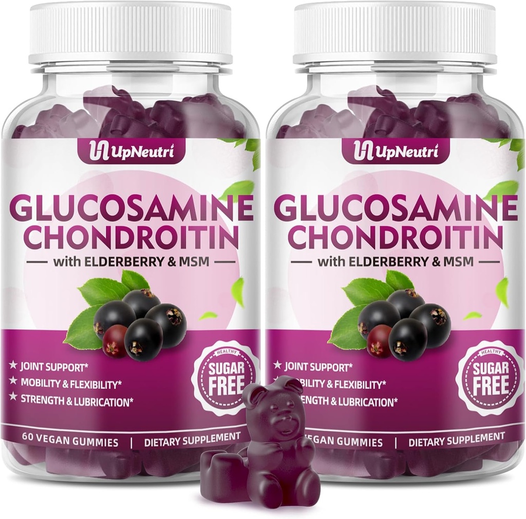GGlucosamină Chondroitin Gummies Zahăr, extra Putere 1500mg Glucosamină cu Chondroitin MSM & Turmeric, Supliment comun de sprijin pentru bărbaţi şi femei Sănătate comună (120 Conte (Pachet de 2))