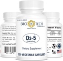 Bio-Tech Pharmacal D3-5 (5000 IU), 250 Vegetable Capsules – All-Natural Supplement – Supports Bone & Immune Health – No Dairy, Fish, Gluten, Peanut, Shellfish, & Soy