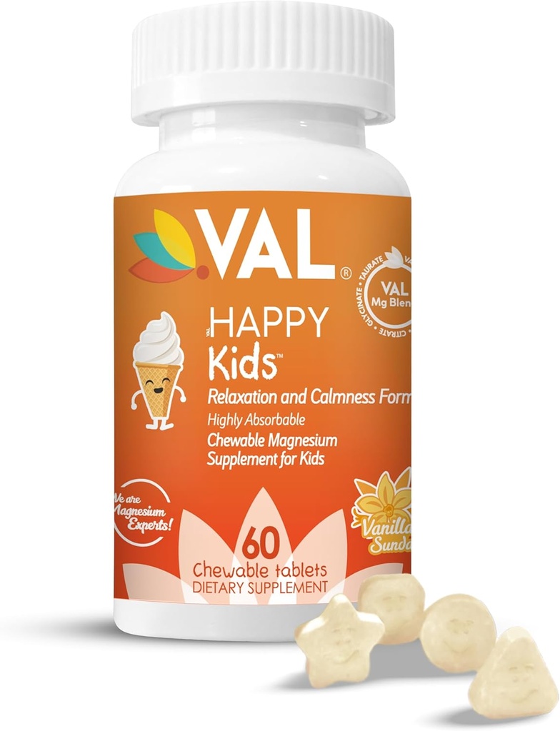 VAL Magnesium for Kids, High-Absorption Magnesium for Calm, Relaxation, Focus, Magnesium Glycinate, Citrate, Taurate Includes Vitamin B6, D, C | Sugar-Free, Vanilla - 60 Chewable Tablets (Pack of 1)