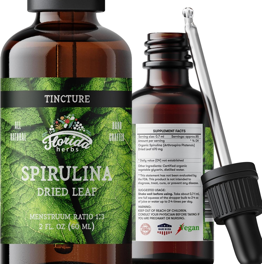 Spirulina Tincture, Organic Spirulina Extract (Arthrospira Platensis) Herbal Supplement, Non-GMO in Cold-Pressed Organic Vegetable Glycerin, 700 mg, 2 oz (60 ml)