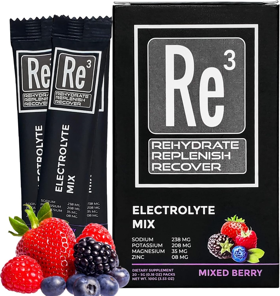 Re3 - Rehidrat - Replenish - Recover Electrolyte Toz Packets. No Sugar, 7 Cal, 1.4 Avtomobilbs. Vitaminlər və mineralların ən yaxşı Mix (Mixed Berry)