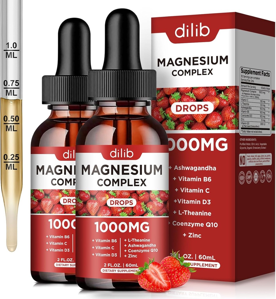 Supplemento Triple Magnesium Complex, Magnesio Glycinate, Blend, Citrate Liquid Drops 1000mg con Ashwagandha, CoQ10, Vitamina B6, C, D, Zinc -Support Calm Stress Relief, Bone, Muscolo, Mood 2 Pack