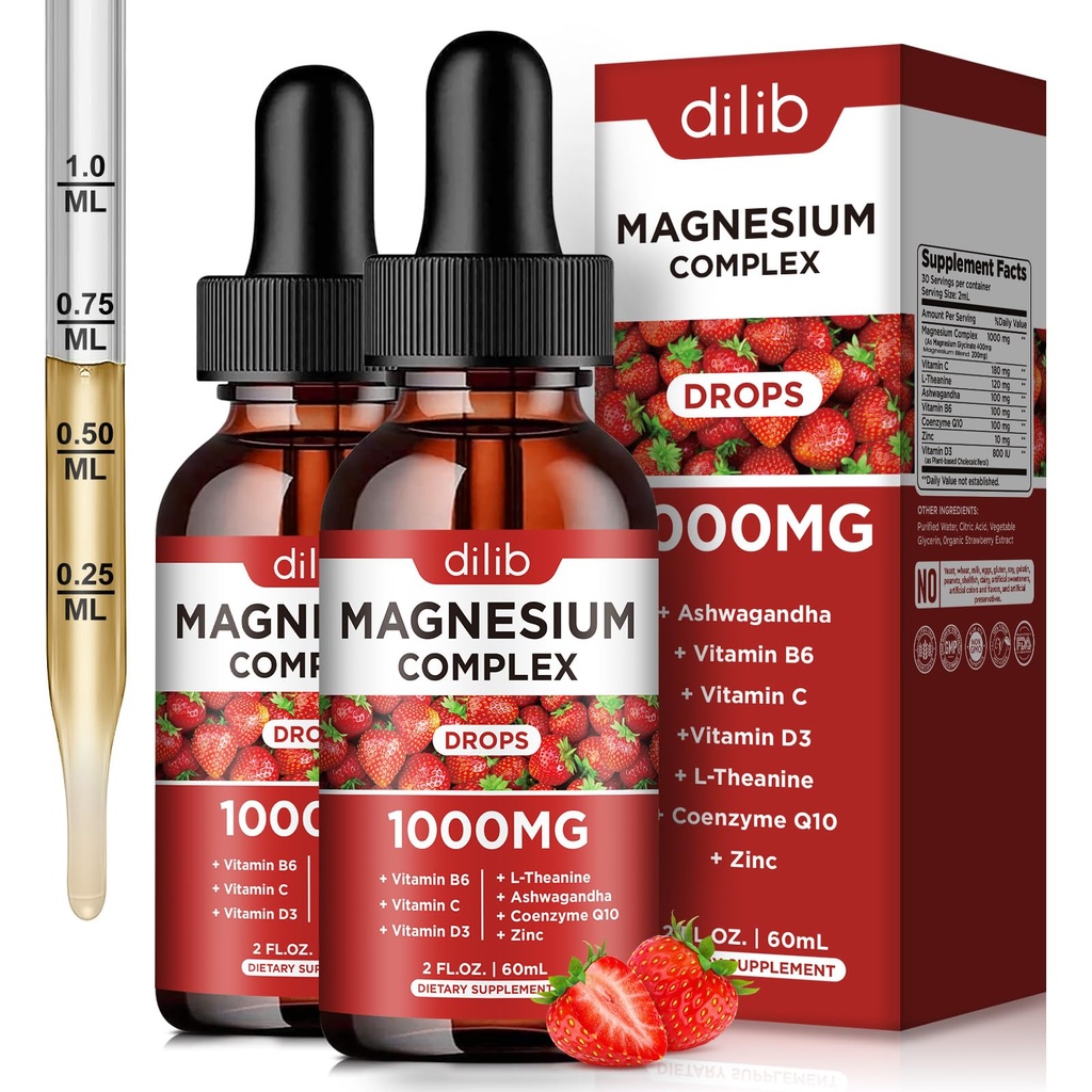 Triple Magnesium Complex Supplement, Magnesium Glycinate, Blend, Citrate Liquid Drops 1000mg with Ashwagandha, CoQ10, Vitamin B6, C, D, Zinc -Support Calm Stress Relief, Bone, Muscle, Mood 2 Pack