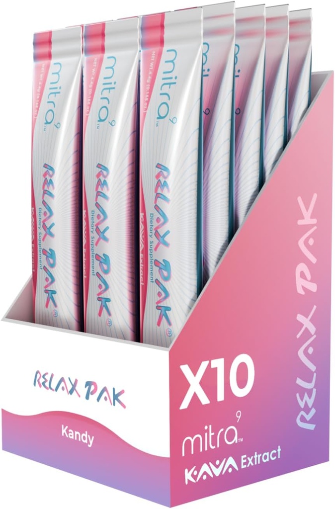 Mitra9 Kava Powder RelaxPak - Kandy Kava Extract Powder Packets | Mood Enhancer | Plant Based | Promotes Natural Calm & Clarity | Easy Open Single-Serving Stick (10)