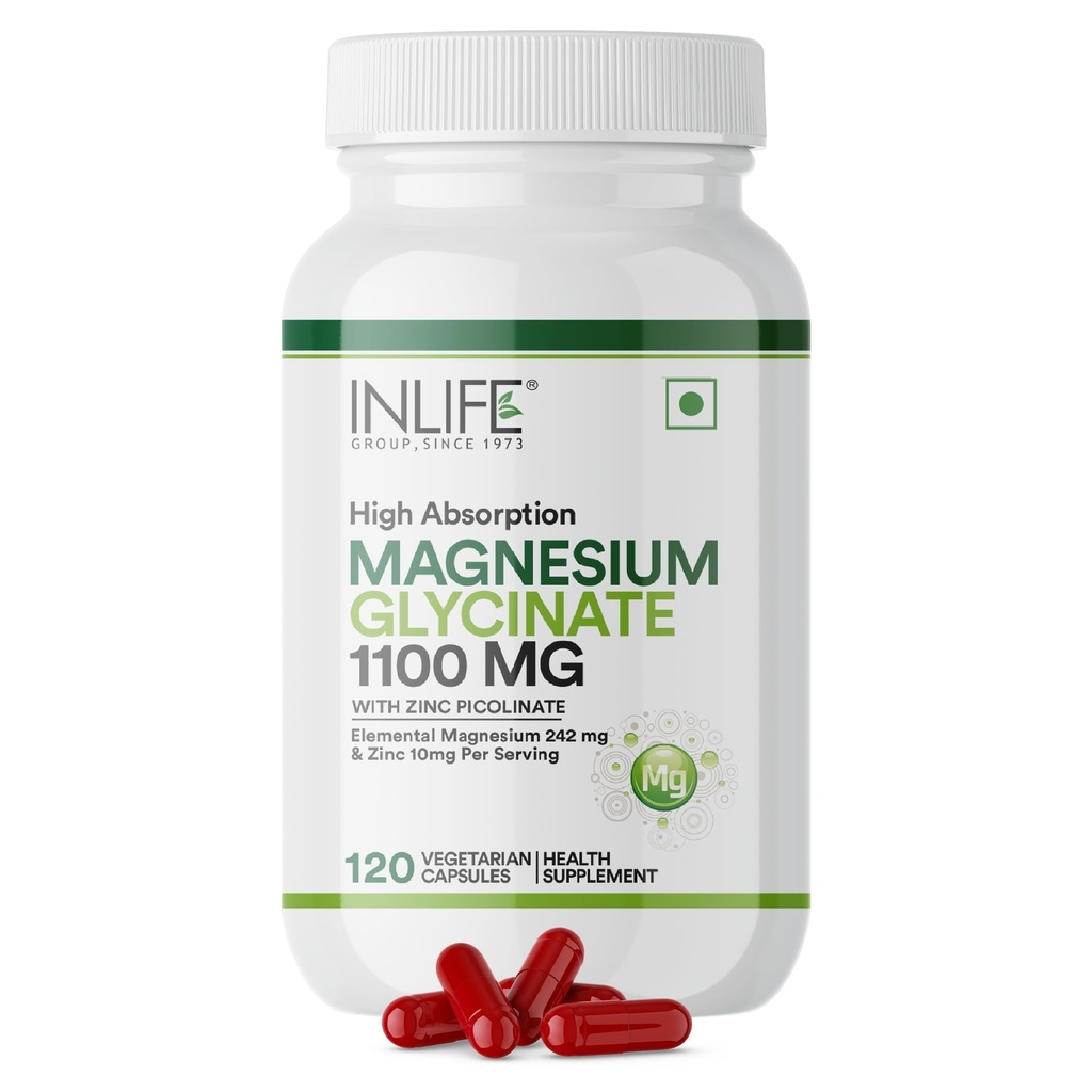 INLIFE Magnesium Glycinate 1100mg with Zinc Picolinate, 120 Veg Capsules